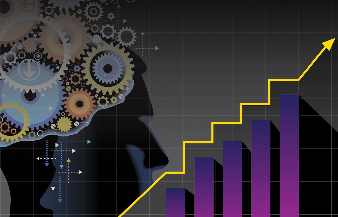silhouette of head with gears and graphs trending upward