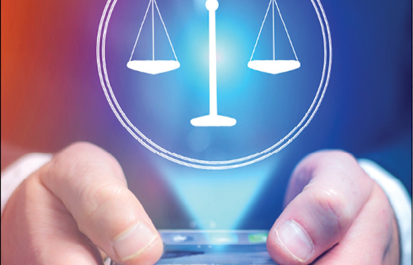 person on phone with scales of justice above