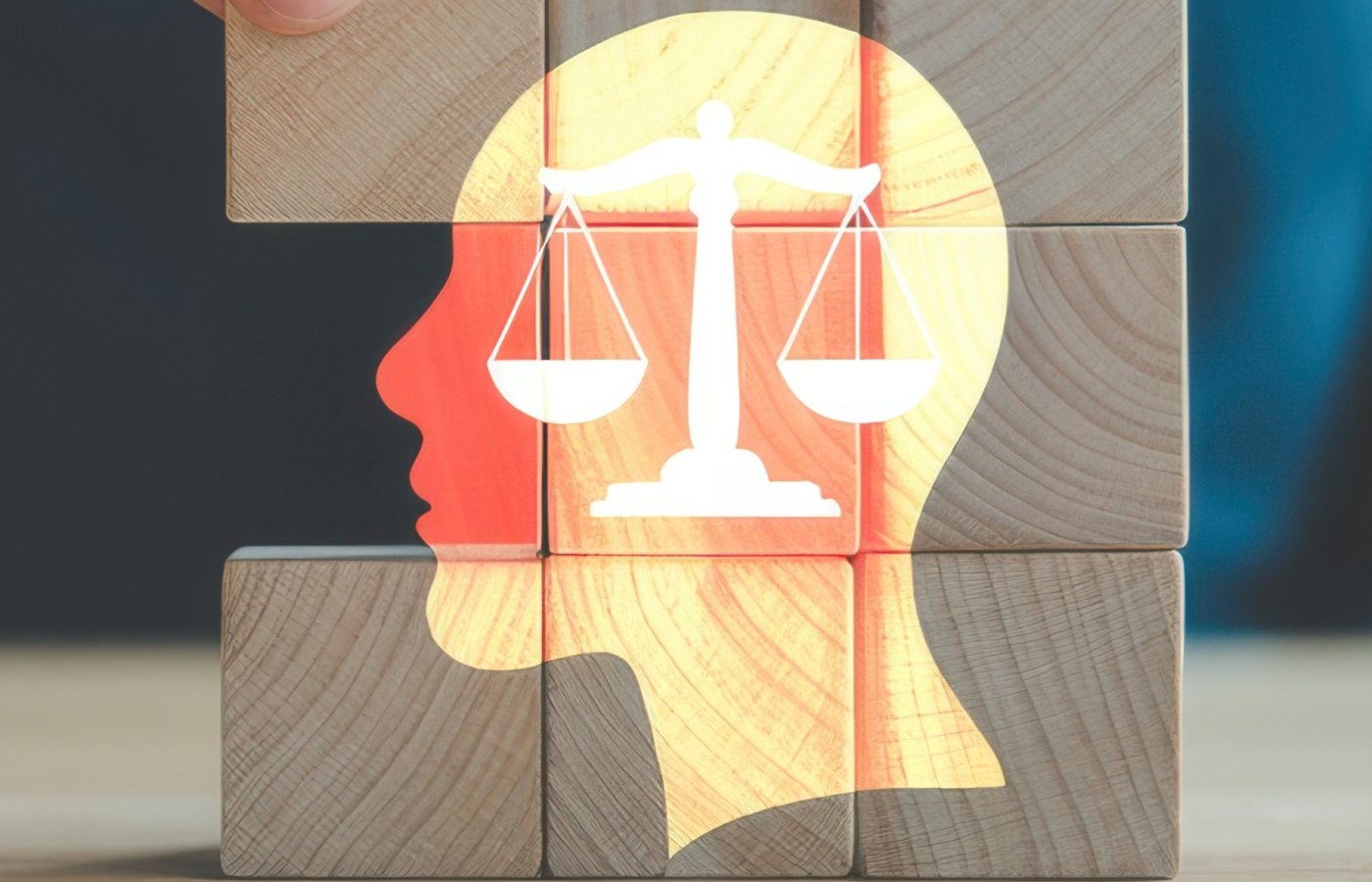 building blocks with image of head and scales of justice