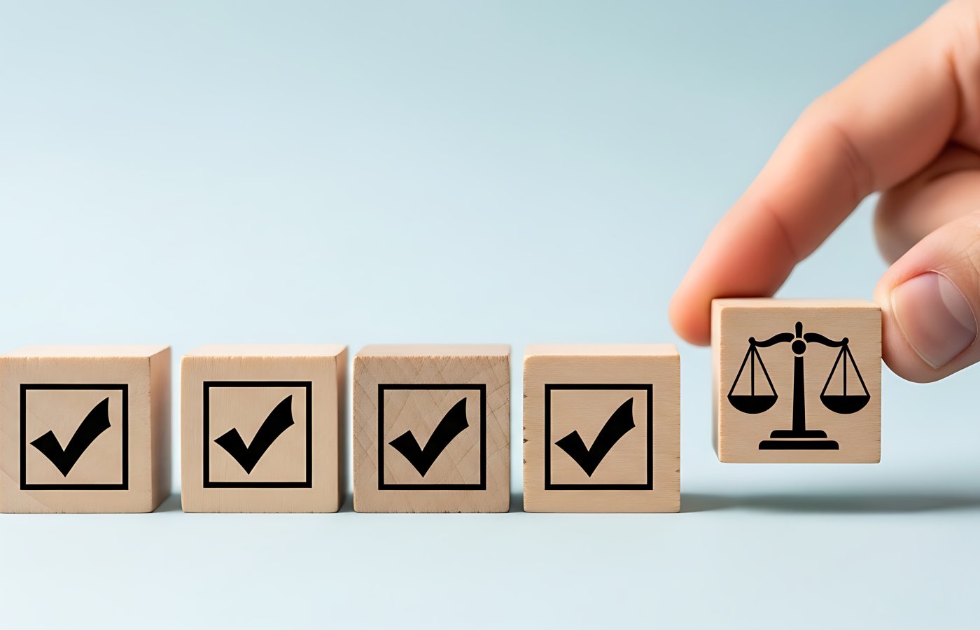 series of boxes with check mark and scales of justice