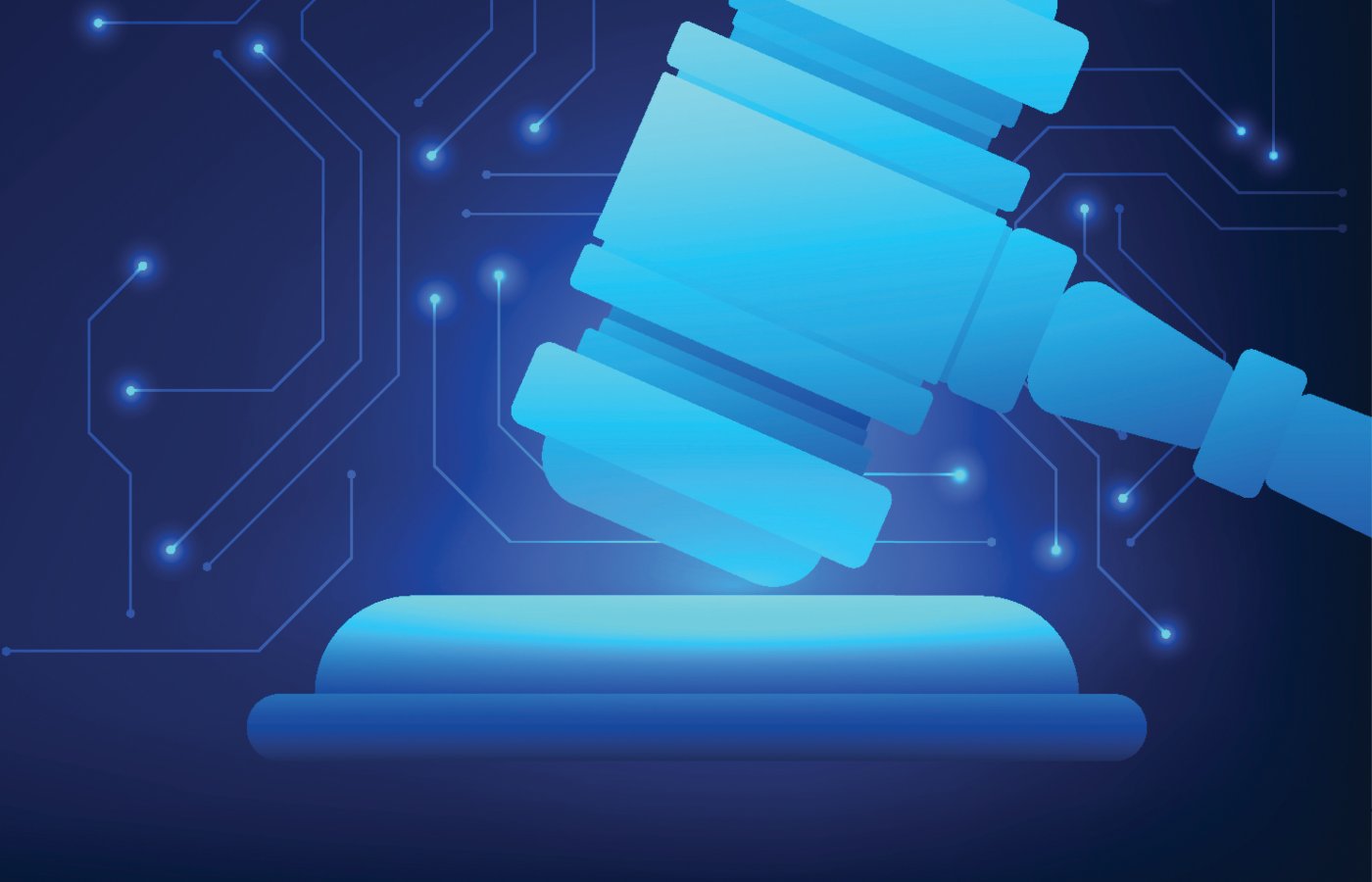 Digital image of a gavel over a circuitry background