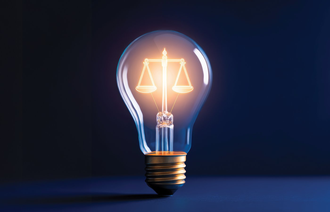 Image of a lightbulb and holographic scales of justice