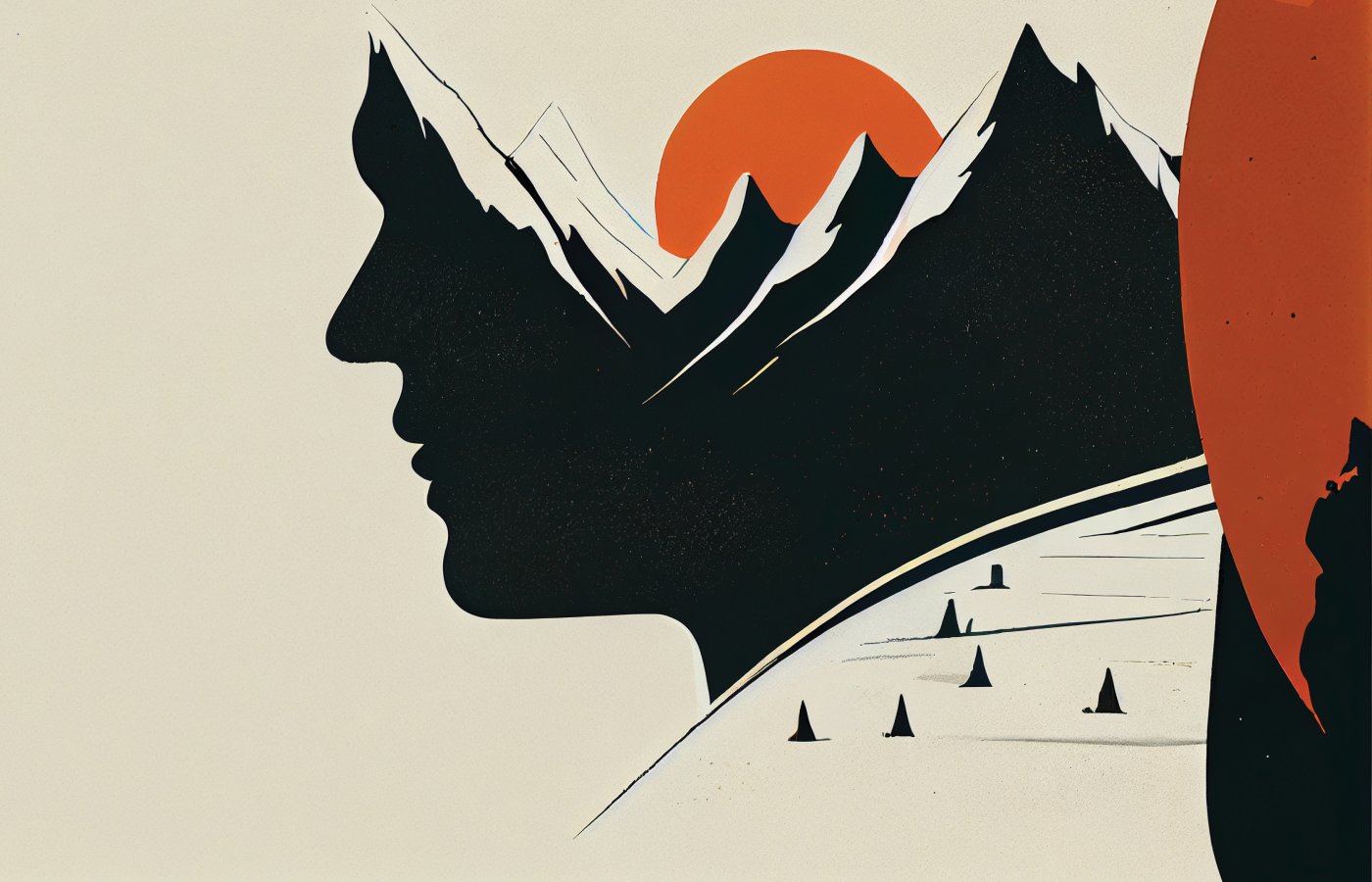 Abstract painting of human profile morphing into a mountain range