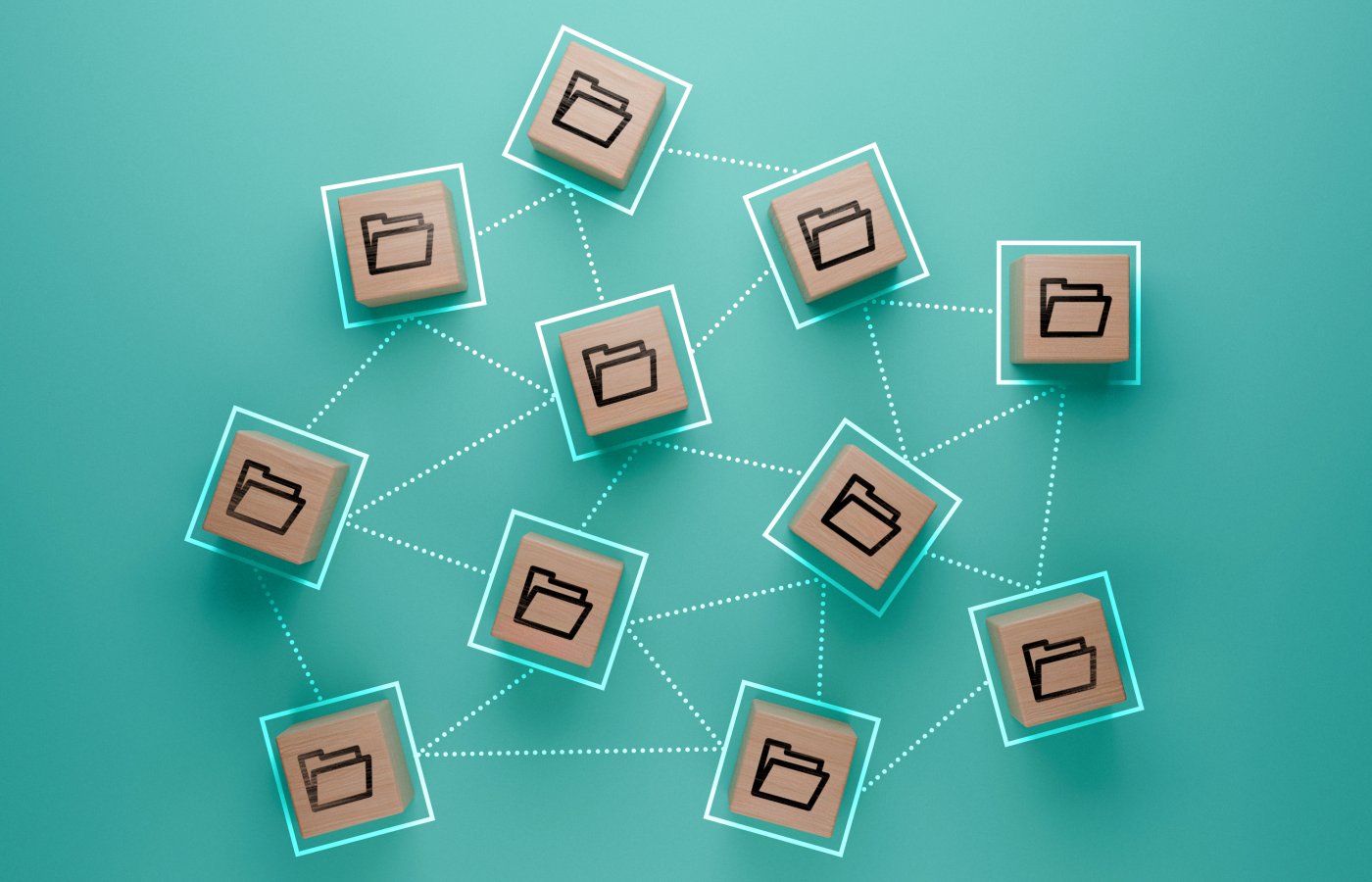 Several wooden blocks with icons of folders connected by lines conveying the portability and transfer concept