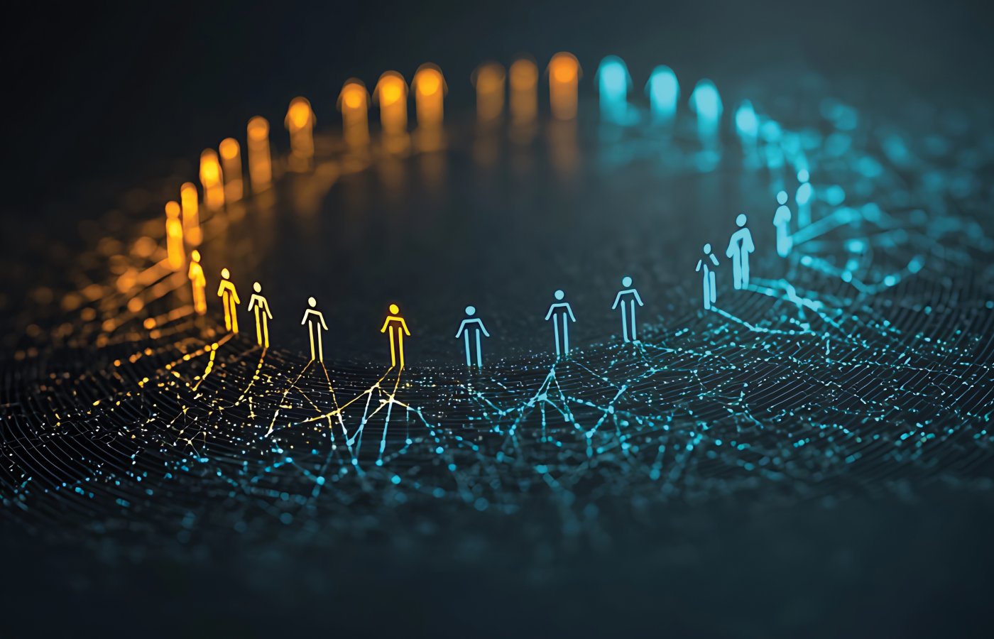 3D graphic of a circle of people interconnected connected by lines