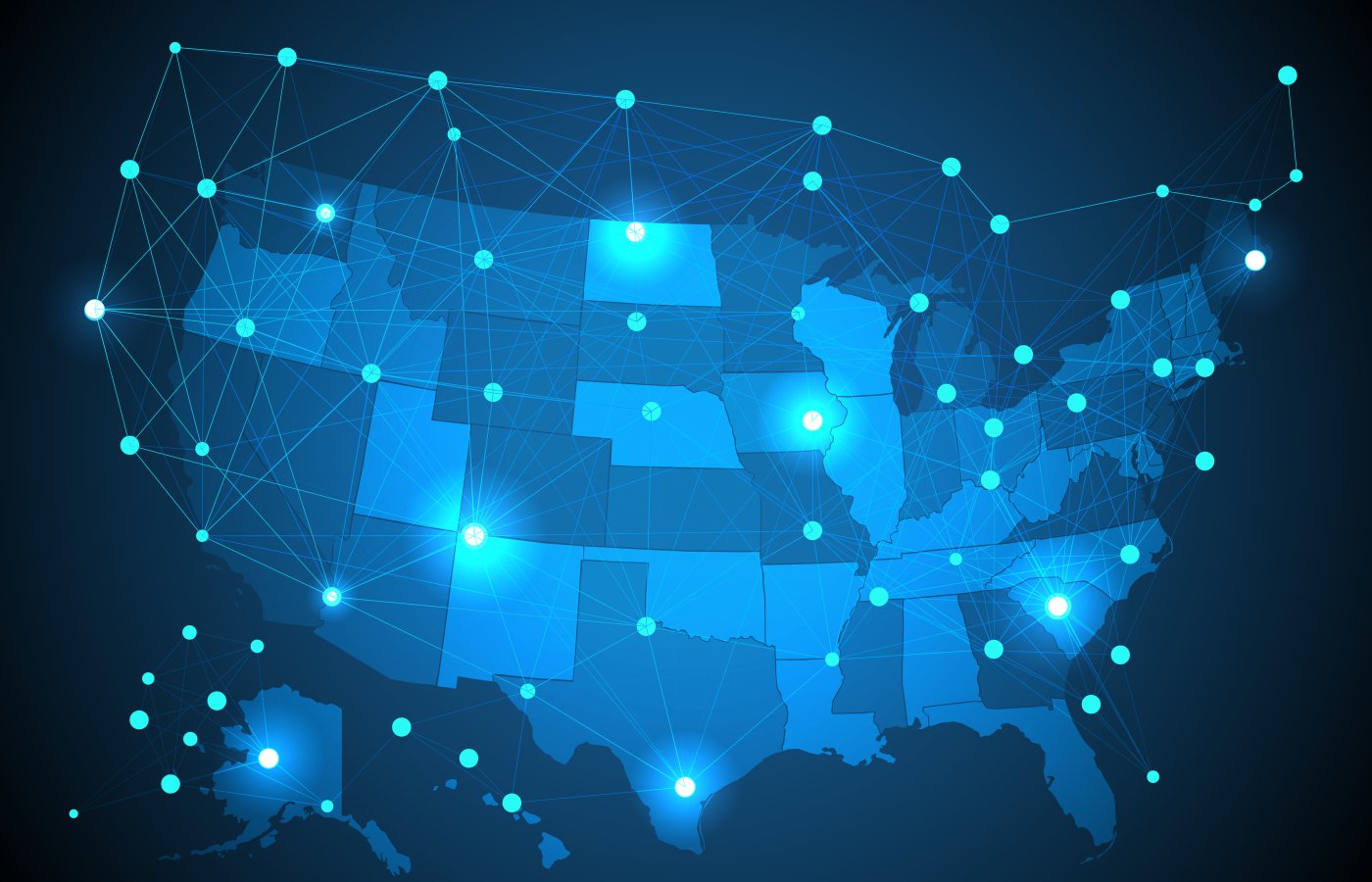 Map of the United States in shades of blue with connecting lines and dots floating over the states