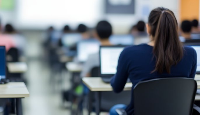 row of students showing their backs in a classroom with laptops