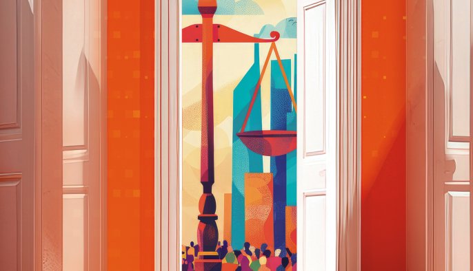 Cover image from the Bar Examiner Summer Issue, features open doors and scale of justice and people inside an open door