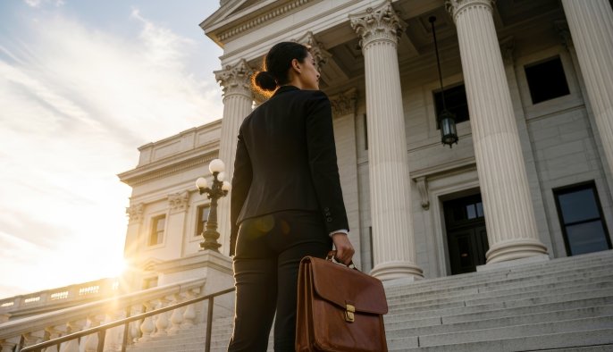 woman standing on courthouse steps