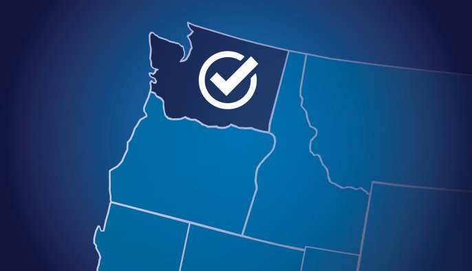 Map of the United States Northwest region with the State of Washington in a darker blue with the NextGen circle and checkmark overlaying its shape.