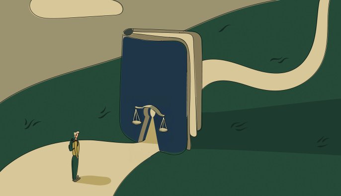 Cover image from the Bar Examiner Fall Issue, featuring a person looking through a keyhole-shaped portal in a legal book.