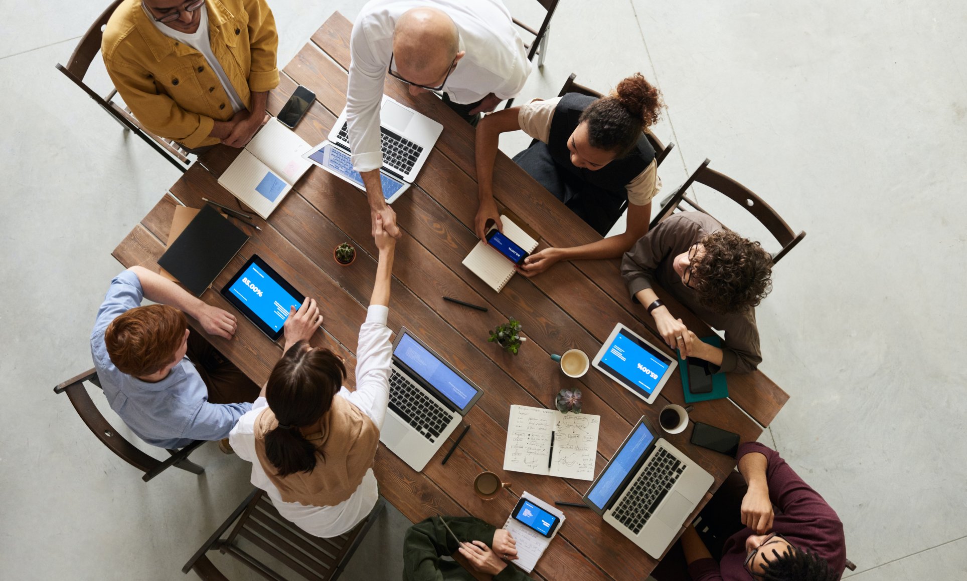 overhead view of business people at a table