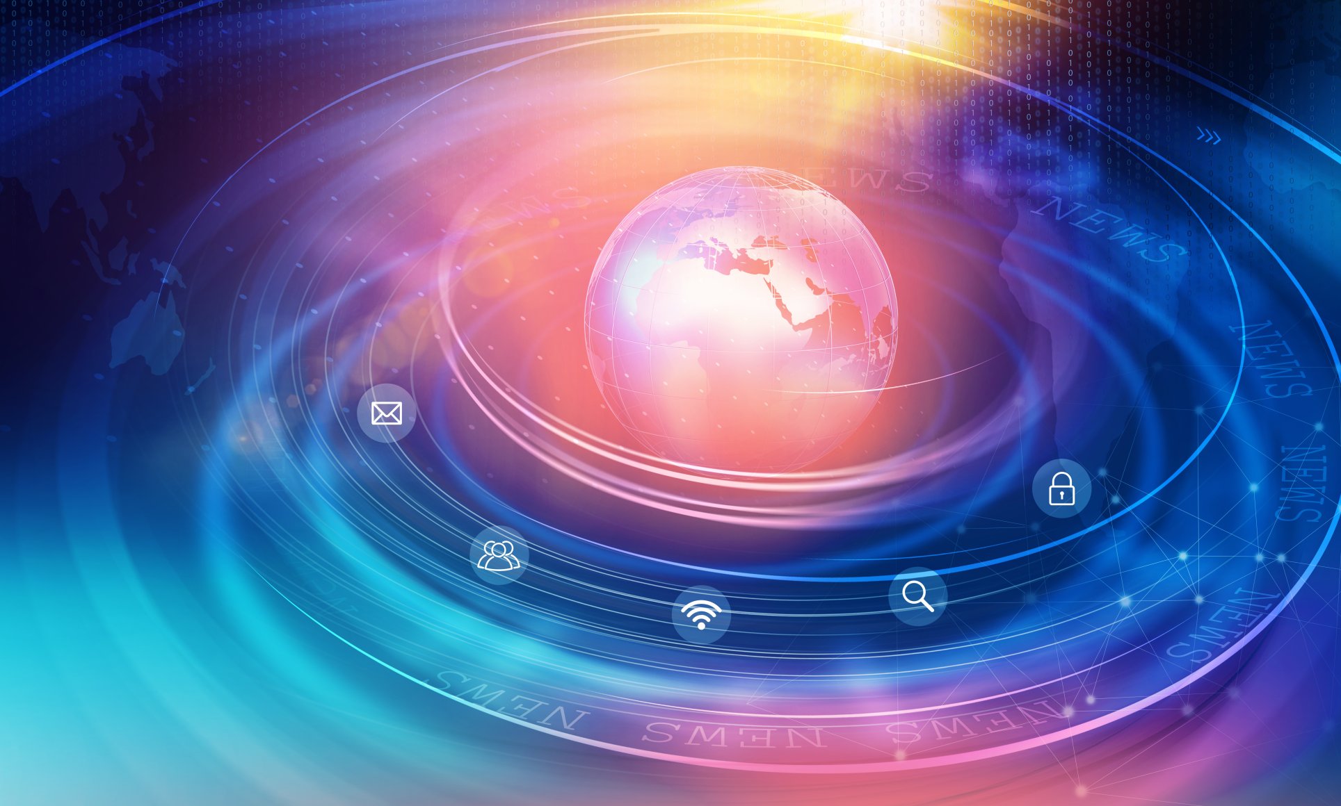 Digital image of the globe surrounded by data and internet comms symbols.
