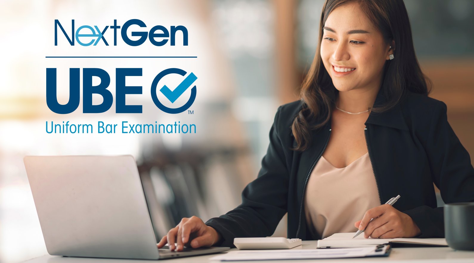 Photo of woman studying at laptop with NextGen logo.