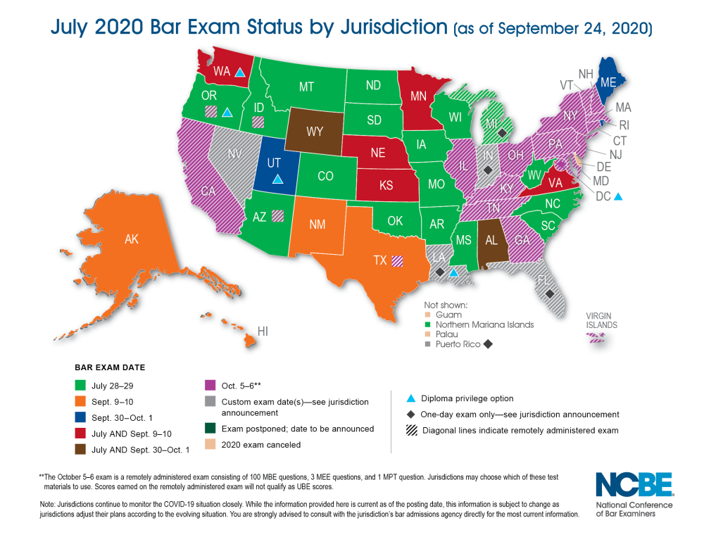 July 2020 Bar Exam Status by Jurisdiction Map
