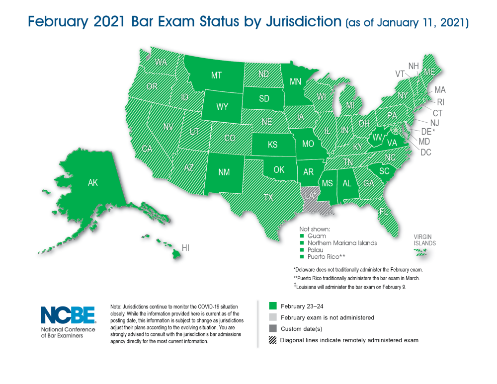 February 2021 Bar Exam Status by Jurisdiction Map