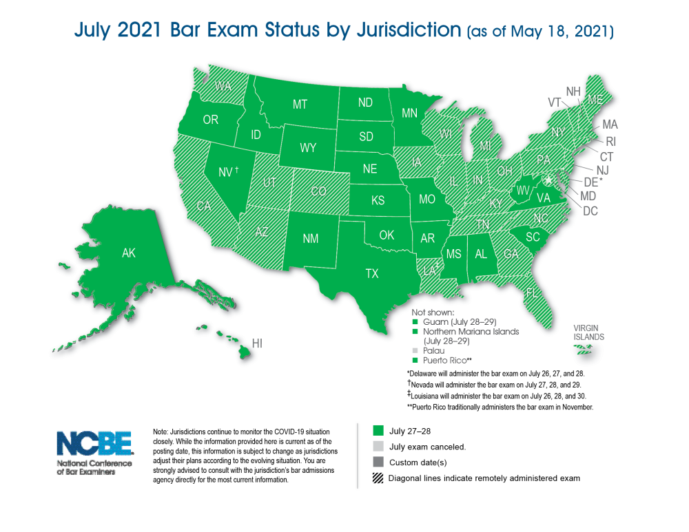 July 2021 Bar Exam Status by Jurisdiction Map