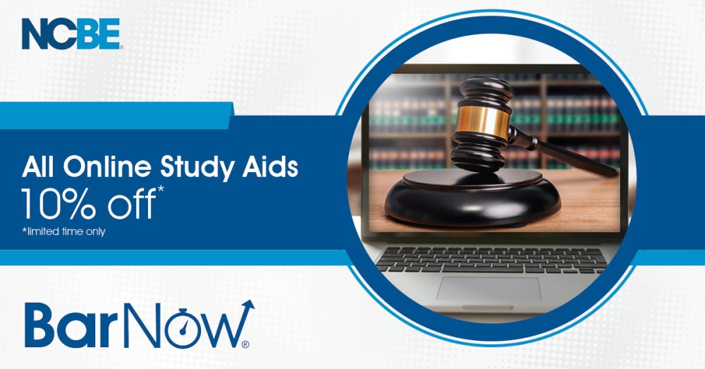 image of gavel on laptop computer with NCBE and BarNow logo advertising online study aids at 10% off
