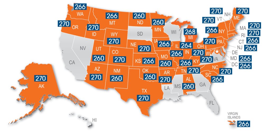 Map of Minimum Passing UBE Score by Jurisdiction