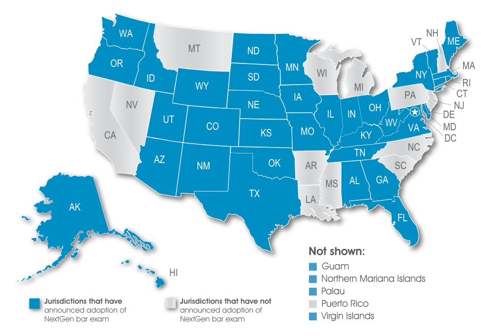 Map of United States showing jurisdictions that have adopted the NextGen Bar Exam (shaded in blue)