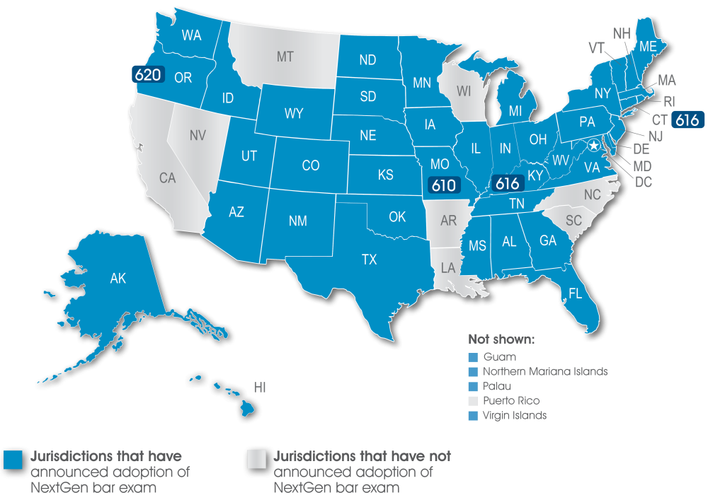 Map of United States showing jurisdictions that have adopted the NextGen Bar Exam (shaded in blue) with minimum passing score.