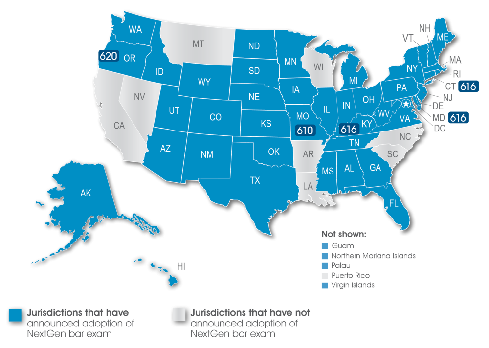 US map showing jurisdiction's minimum passing scores for the NextGen UBE. See the table for accessible format of this content. 