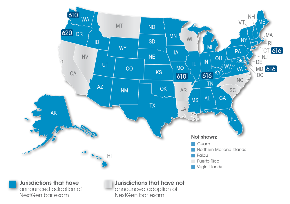 Map of United States showing jurisdictions that have adopted the NextGen Bar Exam (shaded in blue) with minimum passing score. The table on this page includes the passing scores for the jurisdictions that have announced.
