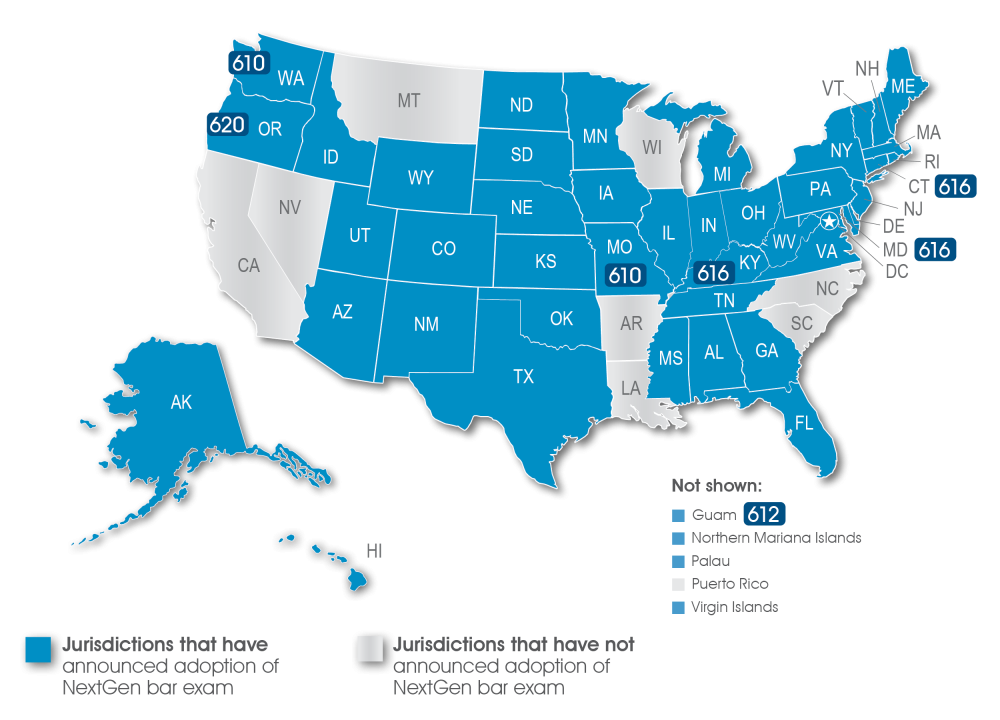 Map of United States showing jurisdictions that have adopted the NextGen Bar Exam (shaded in blue) with minimum passing score. The table on this page includes the passing scores for the jurisdictions that have announced.