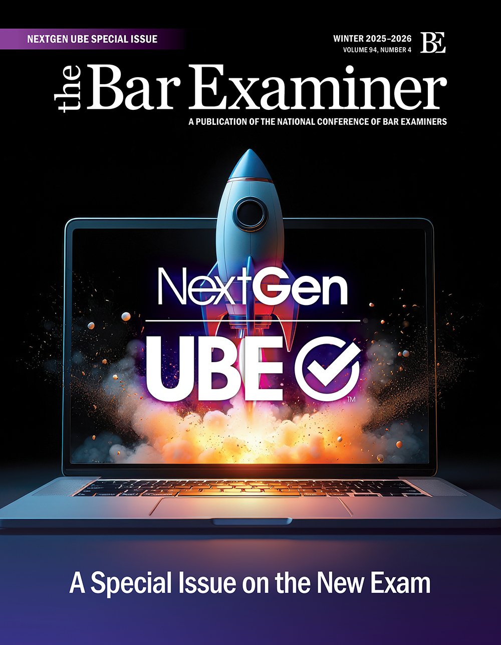 Bar Examiner Magazine cover showing a rocket taking off from a laptop screen