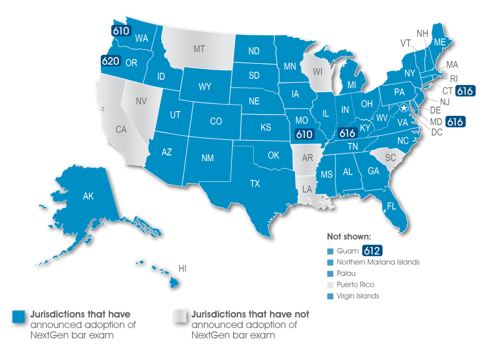 Map of United States showing jurisdictions that have adopted the NextGen Bar Exam (shaded in blue) with minimum passing score. The table on this page includes the passing scores for the jurisdictions that have announced.