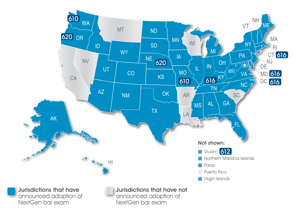 Map of the United States and Territories who adopted the NextGen UBE and have made minimum passing score announcements. Refer to table for accessible data. 