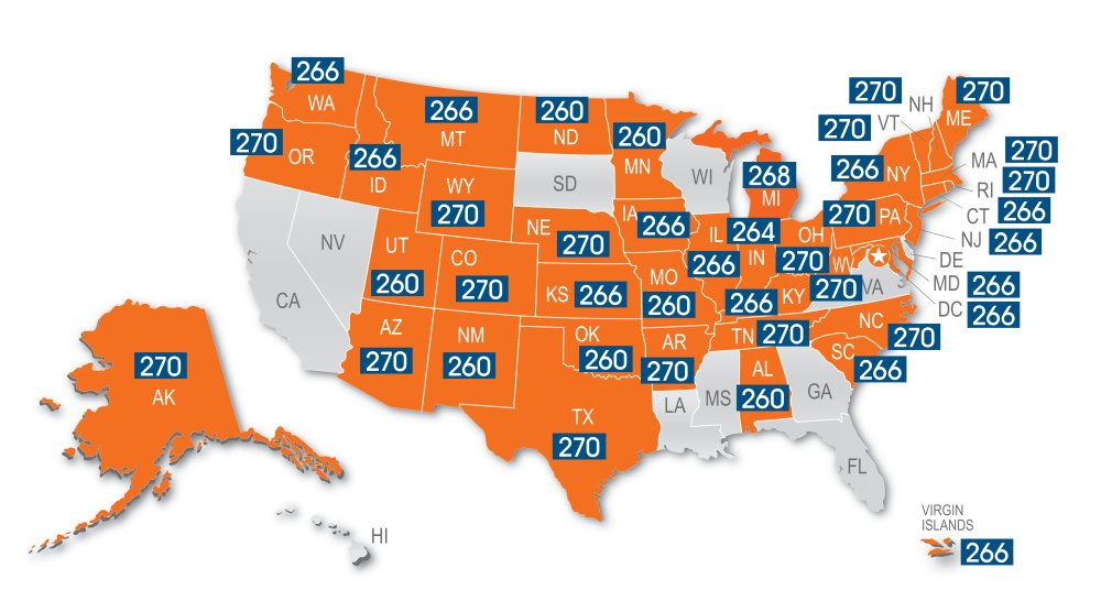 Map of Minimum Passing UBE Score by Jurisdiction. See table on this page for score information
