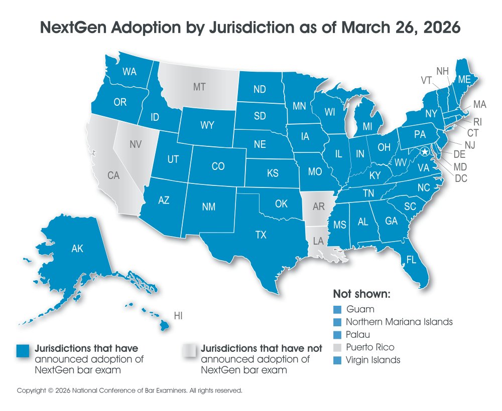 NextGen UBE map of the US jurisdictions that have adopted the NextGen UBE as of 3/26/26