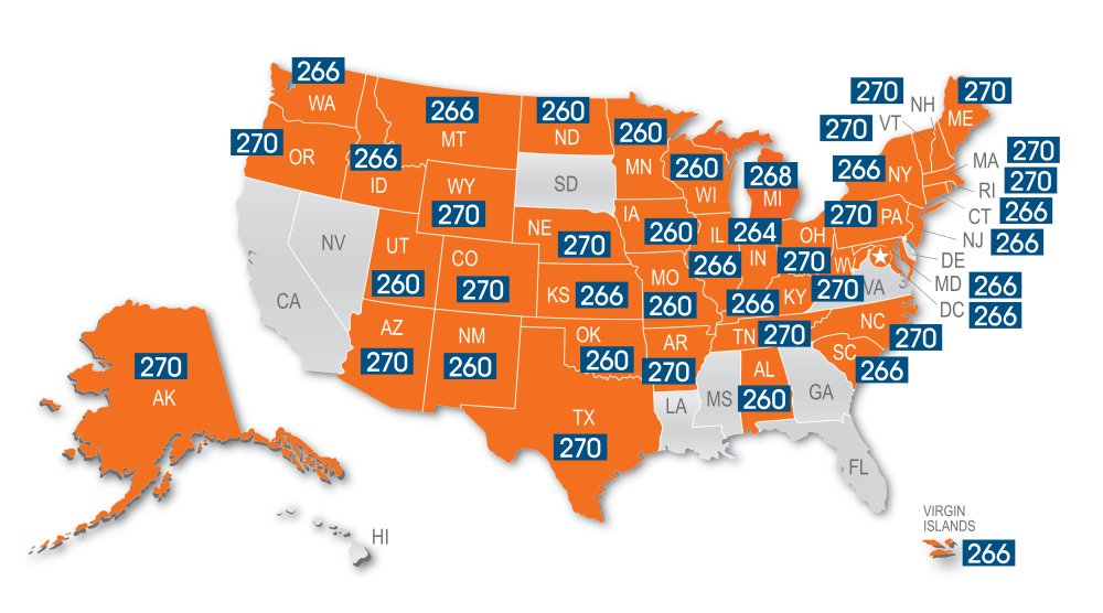 Map of Minimum Passing UBE Score by Jurisdiction. See table on this page for score information