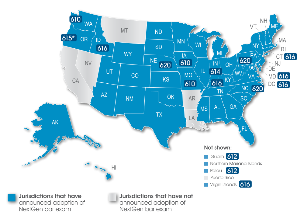 Map of United States showing jurisdictions that have adopted the NextGen Bar Exam (shaded in blue) with minimum passing score. The table on this page includes the passing scores for the jurisdictions that have announced.