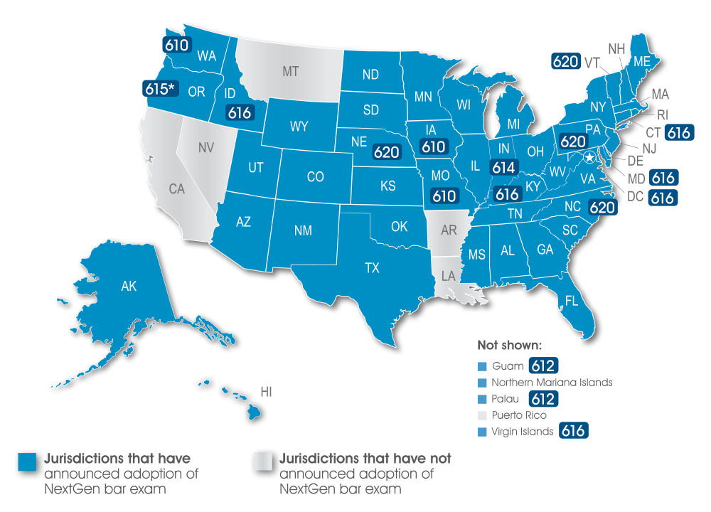 Map of United States showing jurisdictions that have adopted the NextGen Bar Exam (shaded in blue) with minimum passing score. The table on this page includes the passing scores for the jurisdictions that have announced.