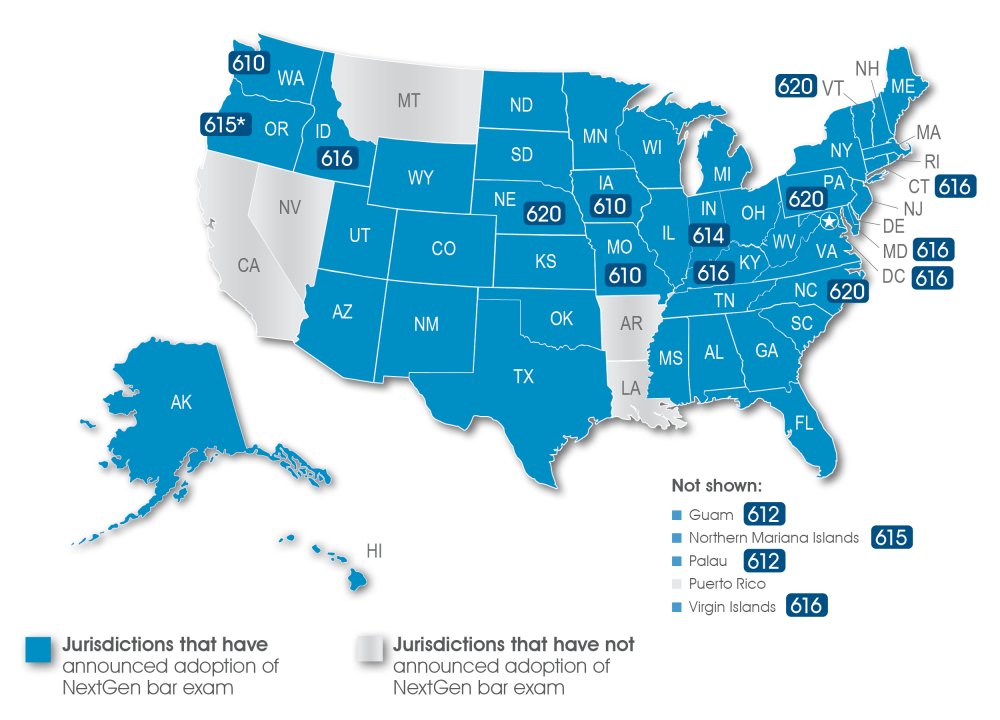 Map of United States showing jurisdictions that have adopted the NextGen Bar Exam (shaded in blue) with minimum passing score. The table on this page includes the passing scores for the jurisdictions that have announced.