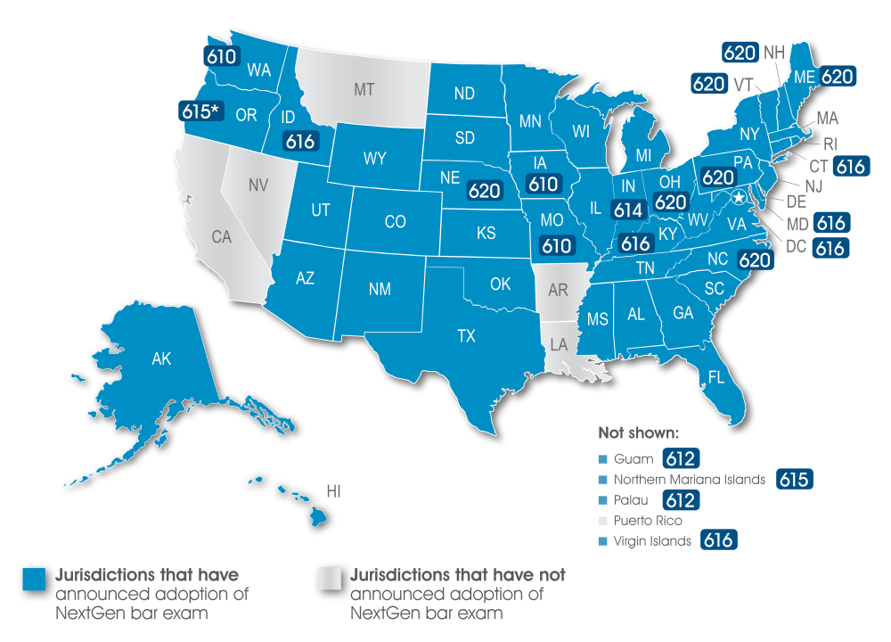 Map of United States showing jurisdictions that have adopted the NextGen Bar Exam (shaded in blue) with minimum passing score. The table on this page includes the passing scores for the jurisdictions that have announced.