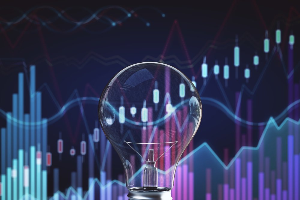blue and purple abstract graph bars with a lightbulb overlay