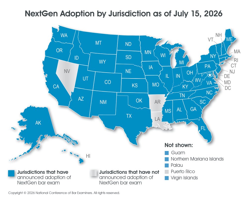 Map of the United States showing jurisdictions that have adopted the NextGen UBE (shown in blue) as of July 15, 2026