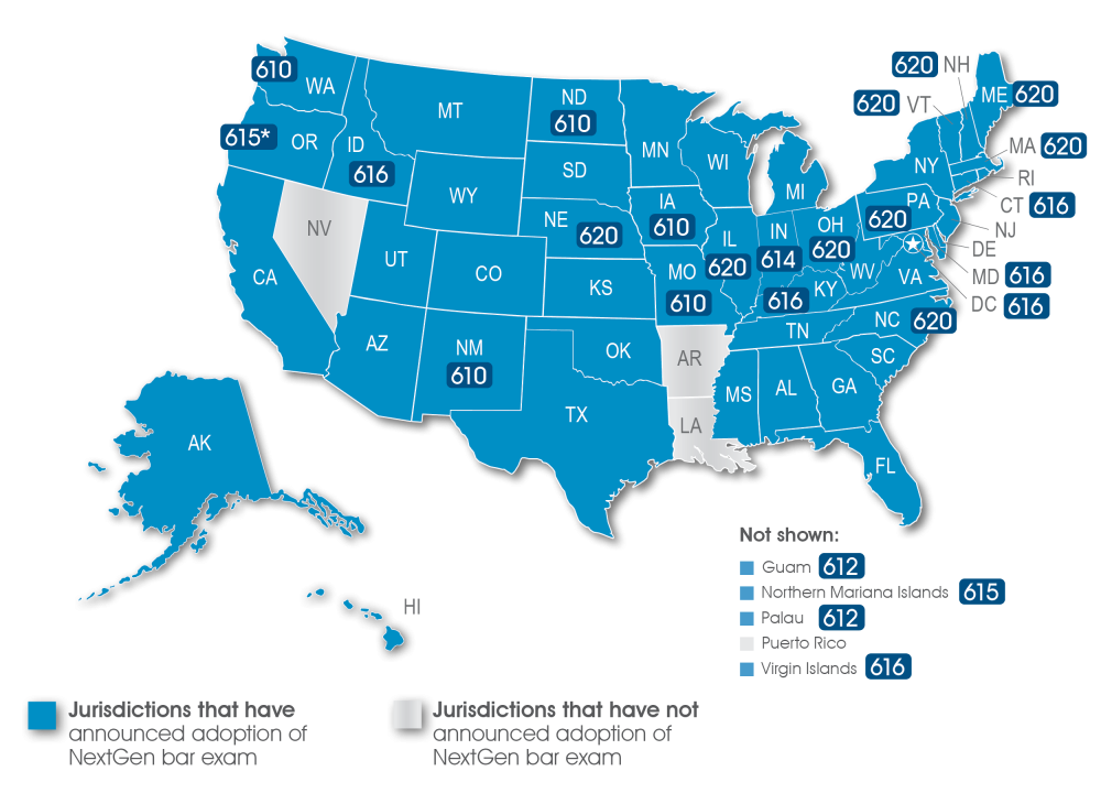 Map of the United States showing jurisdictions that have adopted the NextGen UBE shown in blue with their minimum passing score if it has been announced. Scores are displayed in table format on this page. 