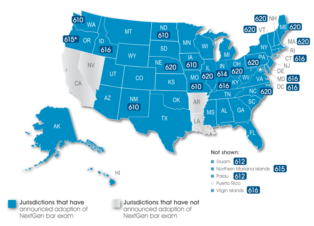 Map of United States showing jurisdictions that have adopted the NextGen Bar Exam (shaded in blue) with minimum passing score. The table on this page includes the passing scores for the jurisdictions that have announced.