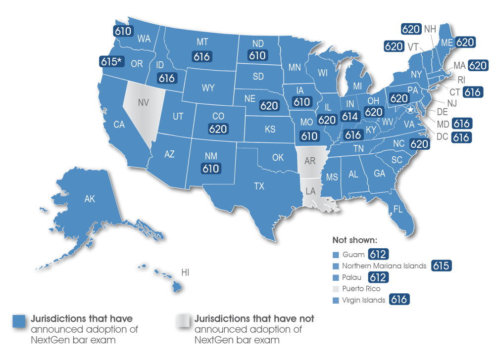 Map of the United States showing jurisdictions that have adopted the NextGen UBE in blue, with their minimum passing scores where announced. Scores are also listed in the table above.