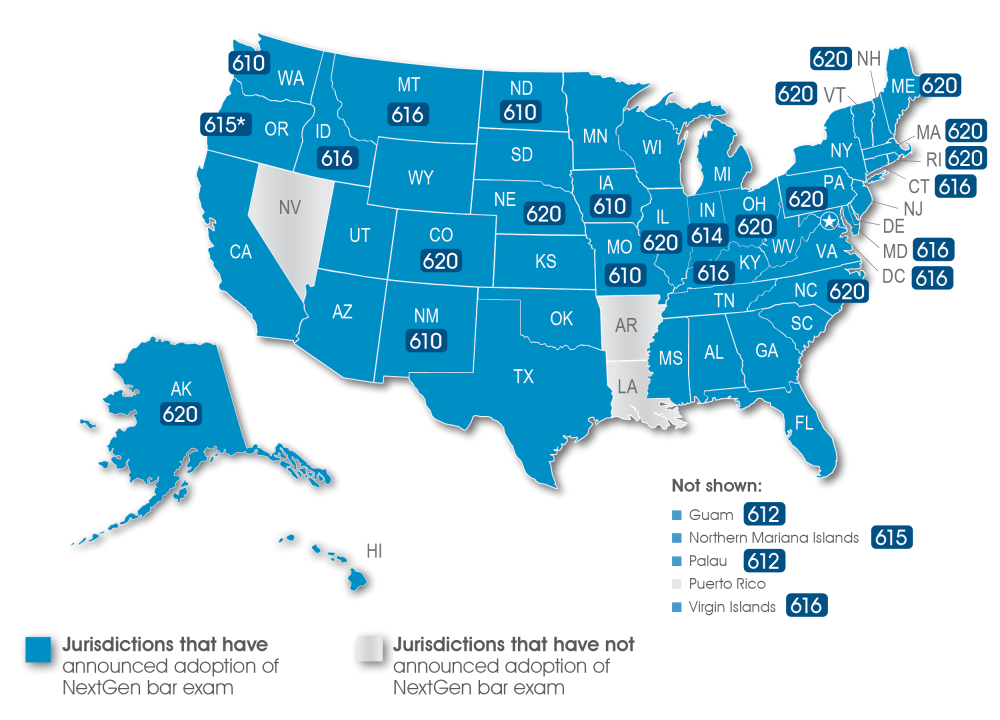 Map of the United States showing jurisdictions that have adopted the NextGen UBE shown in blue with their minimum passing score if it has been announced. Scores are displayed in table format on this page. 